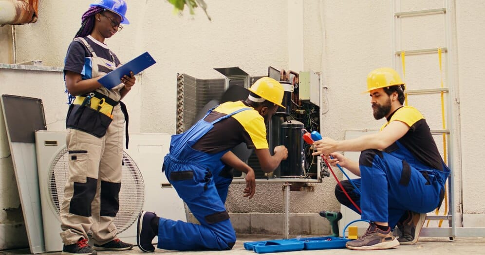 mechanics cleaning condenser compressor 482257 75797